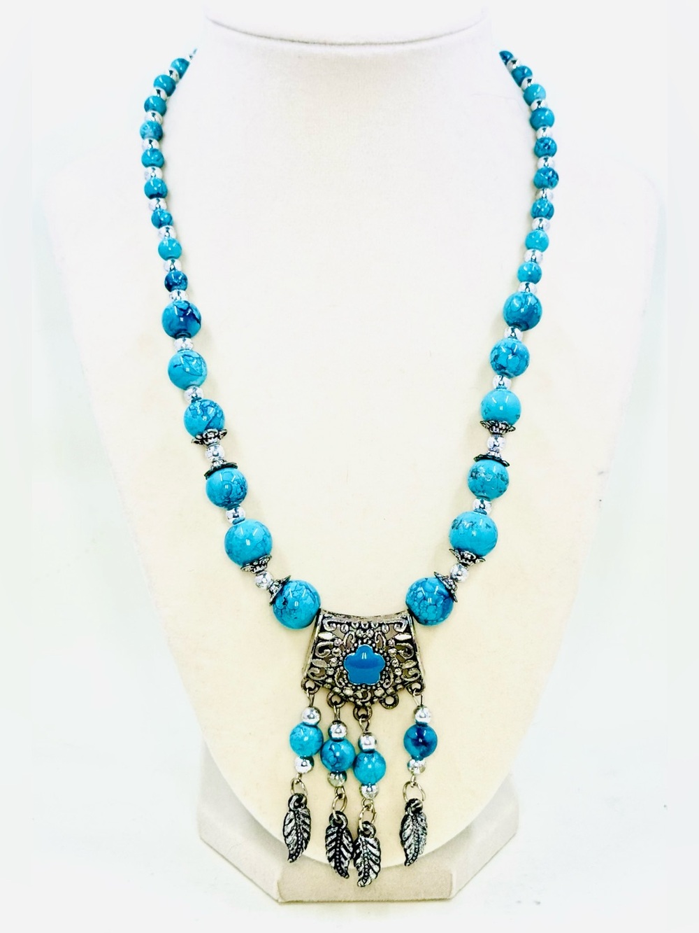 Silver Tone & Glass Turquoise Beaded Native American Tribal Necklace 18-20”